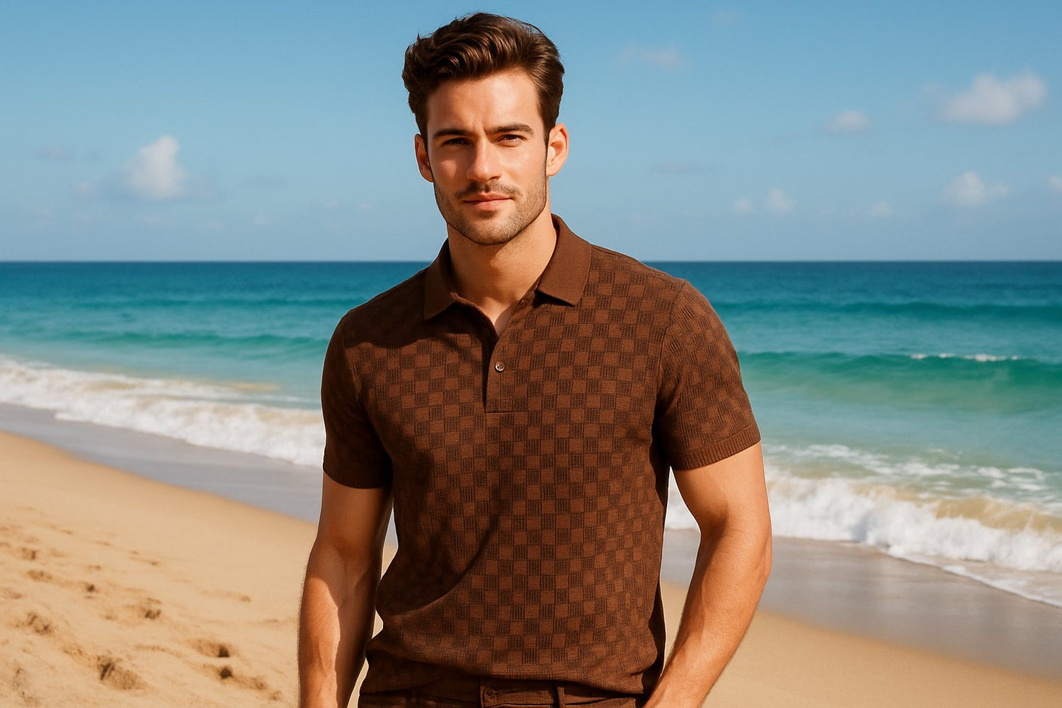 A man wearing a brown checkered short sleeved polo shirt in a beach setting in the background.