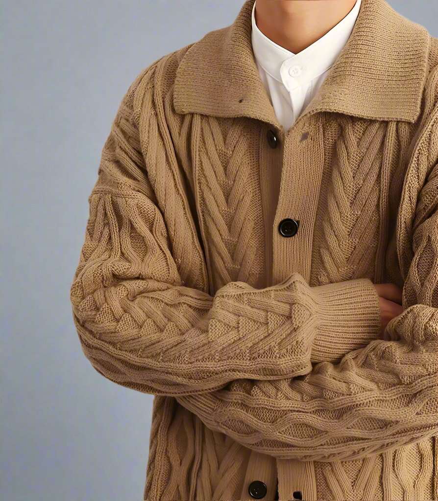 a man wearing a cozy knit cardigan in light caramel brown