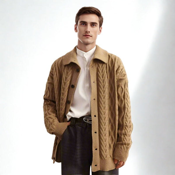 a man wearing a cozy knit cardigan in light caramel brown