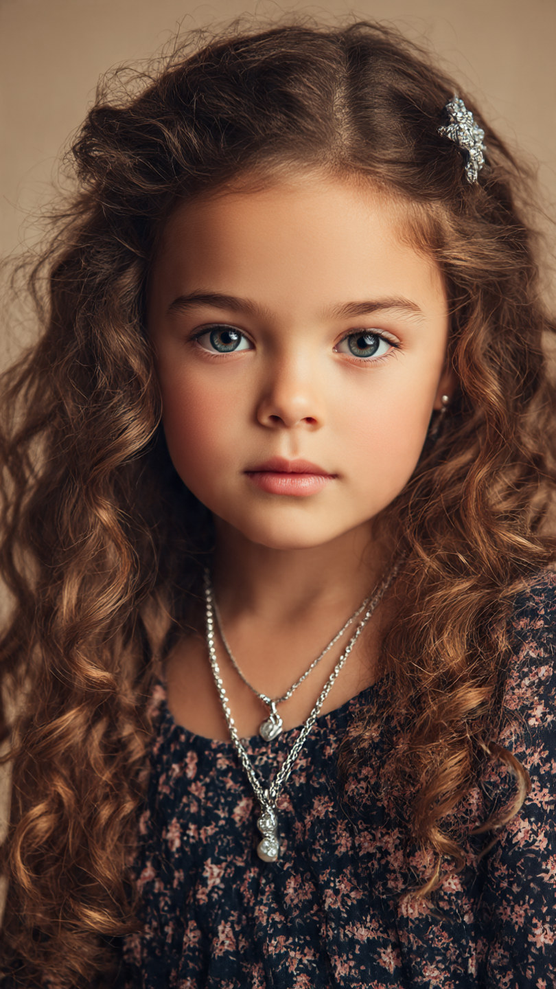 a realistic photoshoot shot of a young girl model posing for children's accessories and jewelry ad. She has a cute hair clip and a nice girl's necklace