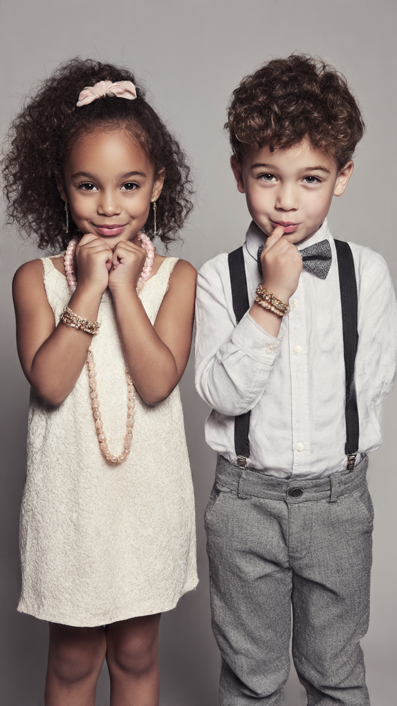 a realistic photoshoot shot of a young girl and a young boy model posing for children's accessories and jewelry ad. Both children are showing off some nice accessories and jewelry in a fun playful photoshoot