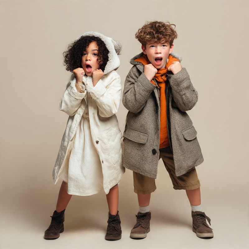 Two young children posing in trendy modern outwear coats in a playful manner