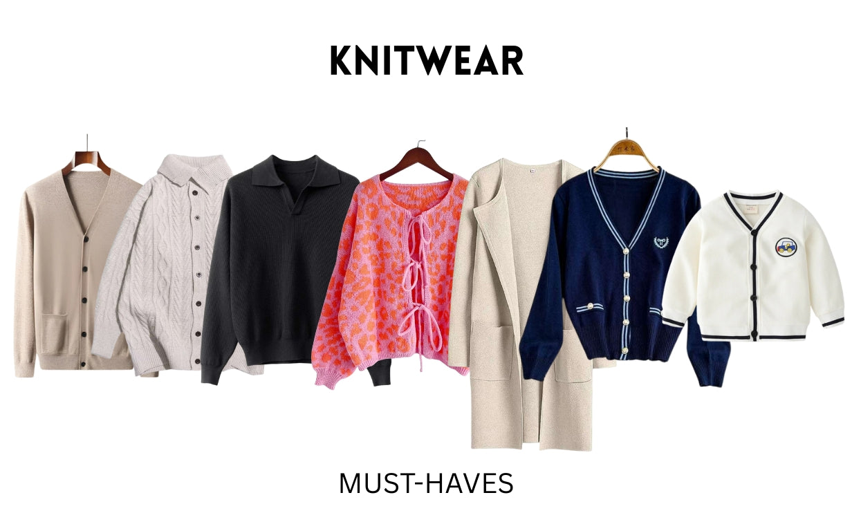 knitwear styles in a row for women, men and children