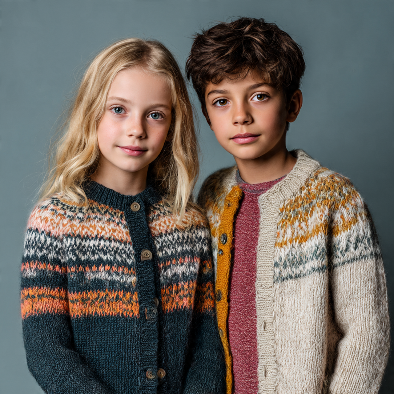a realistic photoshoot shot of a girl and a boy model posing for children's knitwear collection ad. Both children are showing off some nice jumpers and cardigans in a fun playful photoshoot