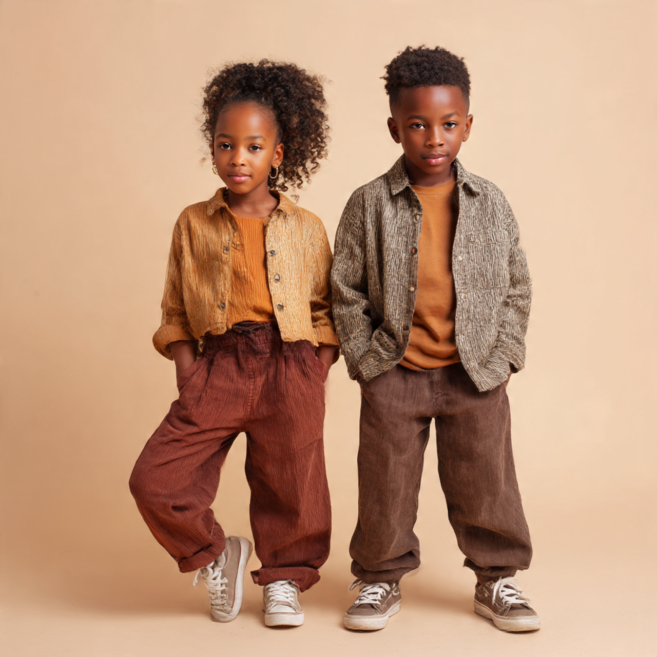 a realistic photoshoot shot of a girl and a boy model posing for children's trending brown earthly colorful tones collection ad. Both children are showing off some nice fashion pieces in a fun playful photoshoot
