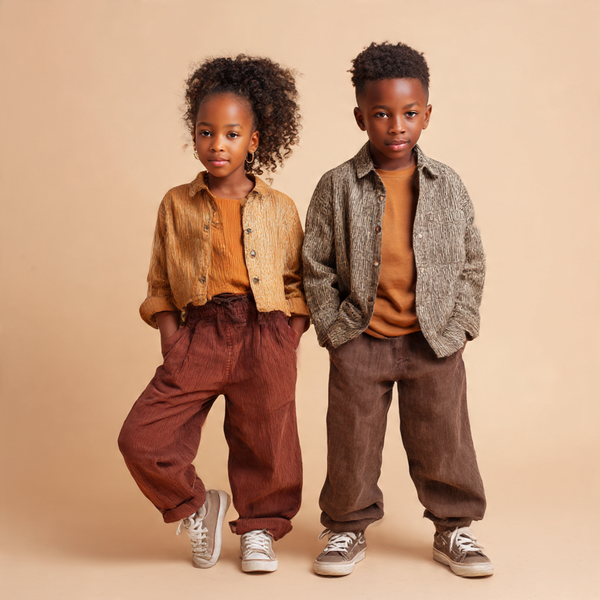 a realistic photoshoot shot of a girl and a boy model posing for children's trending brown earthly colorful tones collection ad. Both children are showing off some nice fashion pieces in a fun playful photoshoot