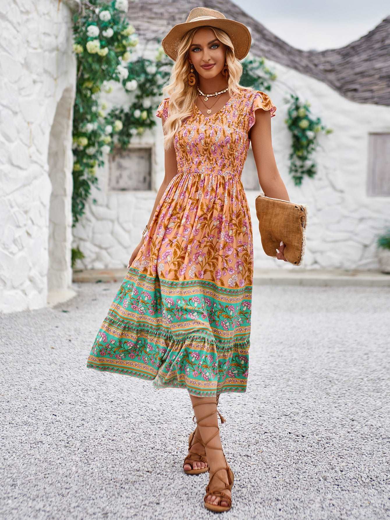 Women's Casual Bohemian Flower Print V-neck Ruffle Sleeveless Dress - ChoreGirl