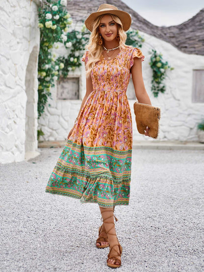 Women's Casual Bohemian Flower Print V-neck Ruffle Sleeveless Dress - ChoreGirl