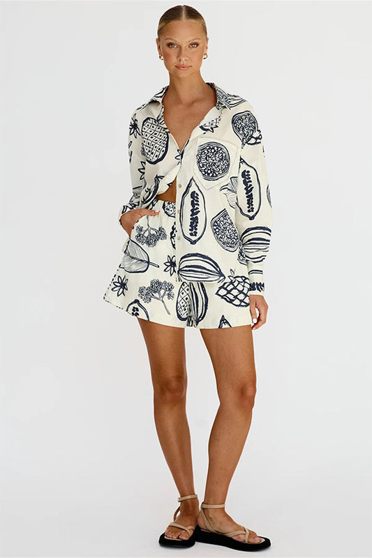 Women's Casual Fruit Printed Short Sleeved Shirt and Shorts Outfit Set - ChoreGirl