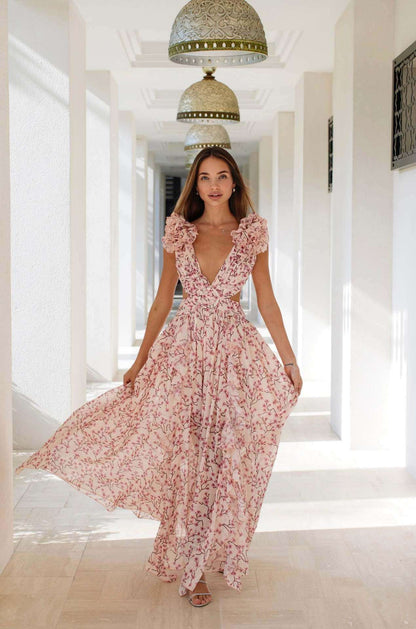 Women's Floral Pattern Ruffled Deep V-Neck Backless Dress - ChoreGirl