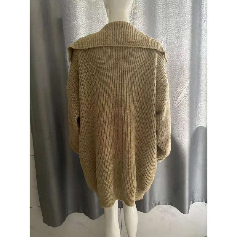 Women's Mid-length Lapel Collar Knitted Button-up Cardigan Jacket - ChoreGirl