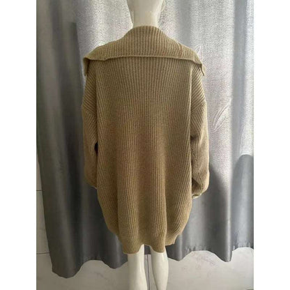 Women's Mid-length Lapel Collar Knitted Button-up Cardigan Jacket - ChoreGirl