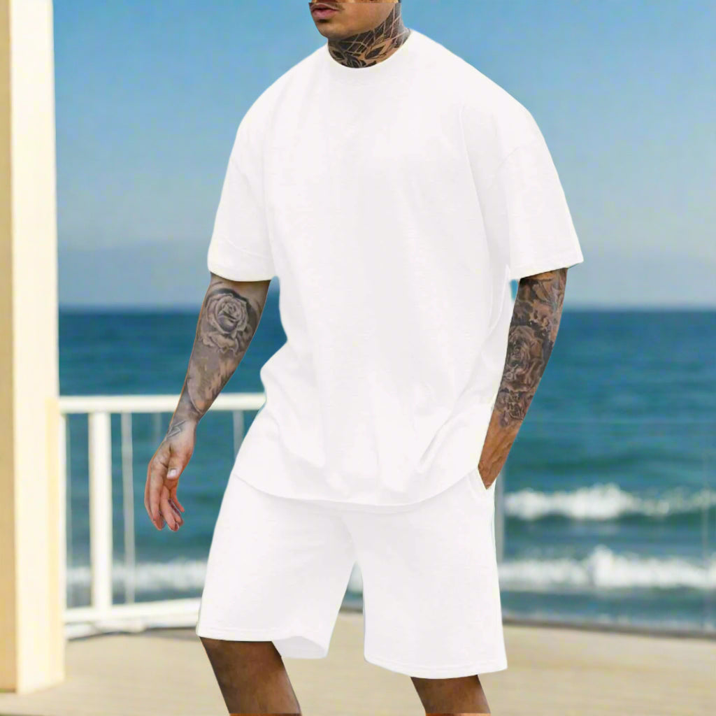 Men's Casual Comfortable Round Neck Drop Shoulder Short Sleeved T-shirt and Shorts Two-piece Outfit Set - ChoreGirl