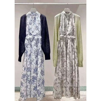 Women's Vintage Romantic Sleeveless Maxi Halter Dress with Bolero Cardigan