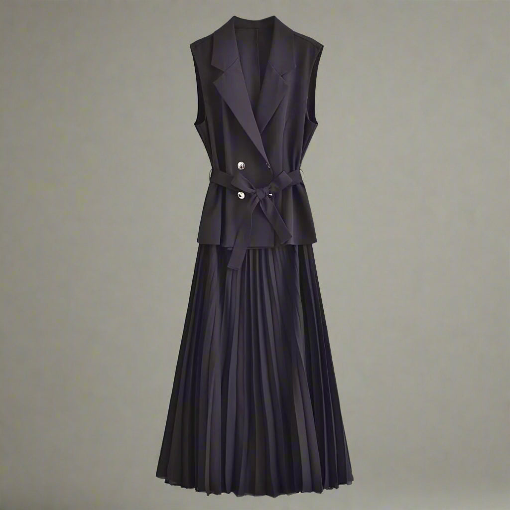 Women's Fashion-forward Double Breasted Vest and Pleated Skirt Dress with Belt - ChoreGirl
