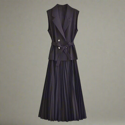 Women's Fashion-forward Double Breasted Vest and Pleated Skirt Dress with Belt - ChoreGirl