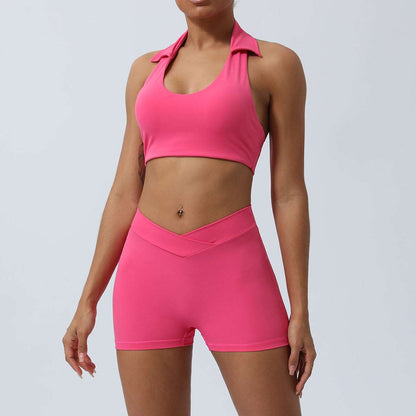 Women's Lapel Collar Sleeveless Top and Hip Lifting Pants or Shorts Sports Set - ChoreGirl