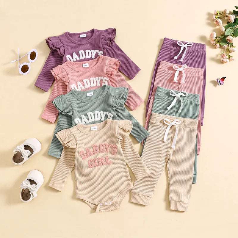 Baby Girl Cute Candy Color Striped and Letter Embroidered Outfit Set - ChoreGirl