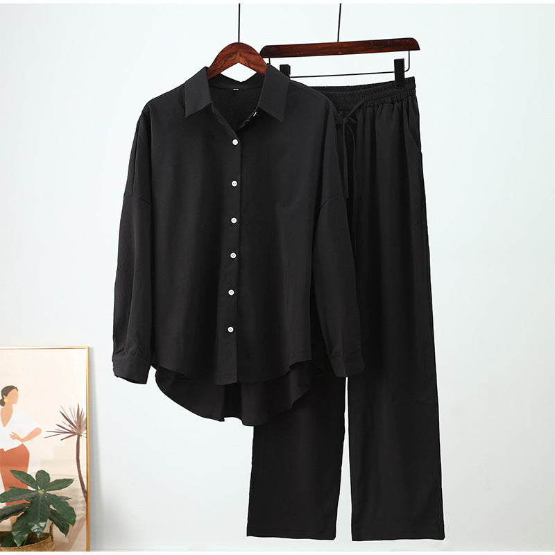 Women's Casual Loose Elastic Long-sleeved Shirt and Wide-leg Pants Outfit Set - ChoreGirl