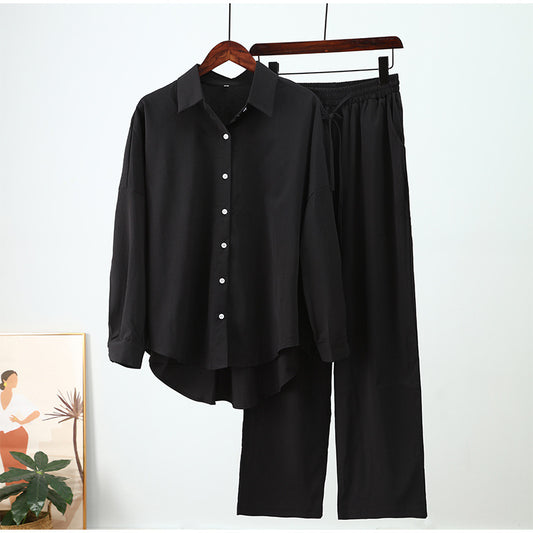 Women's Casual Loose Elastic Long-sleeved Shirt and Wide-leg Pants Outfit Set - ChoreGirl
