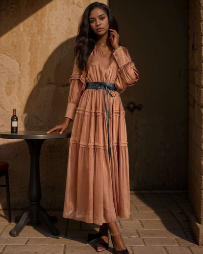 Women's V-neck Lantern Sleeve Fitted Waist Pleated Long Silk Dress with Belt