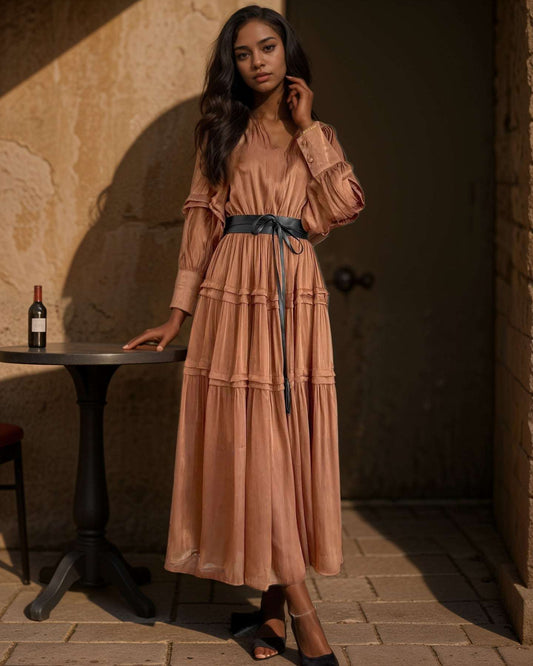 Women's V-neck Lantern Sleeve Fitted Waist Pleated Long Silk Dress with Belt