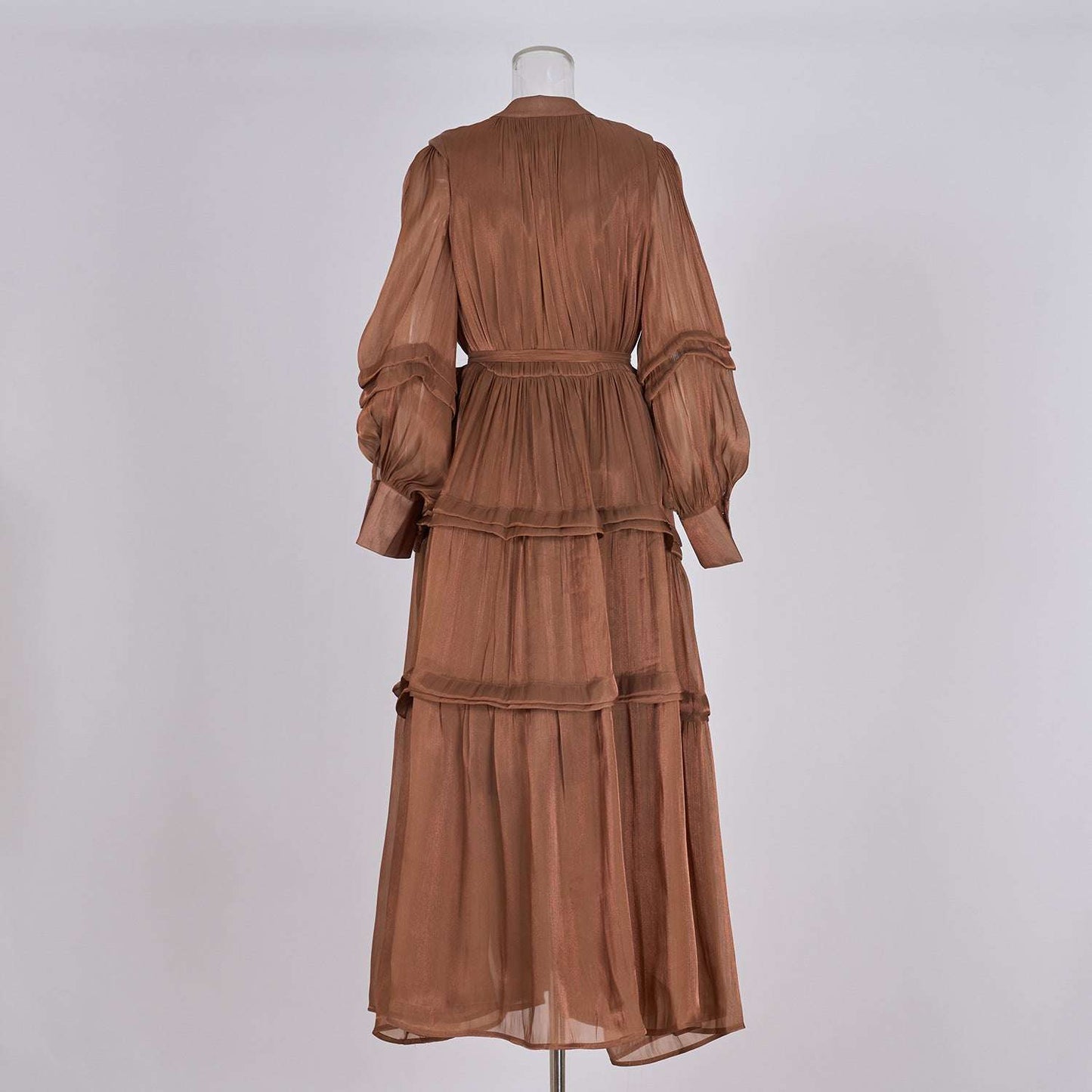Women's V-neck Lantern Sleeve Fitted Waist Pleated Long Silk Dress with Belt