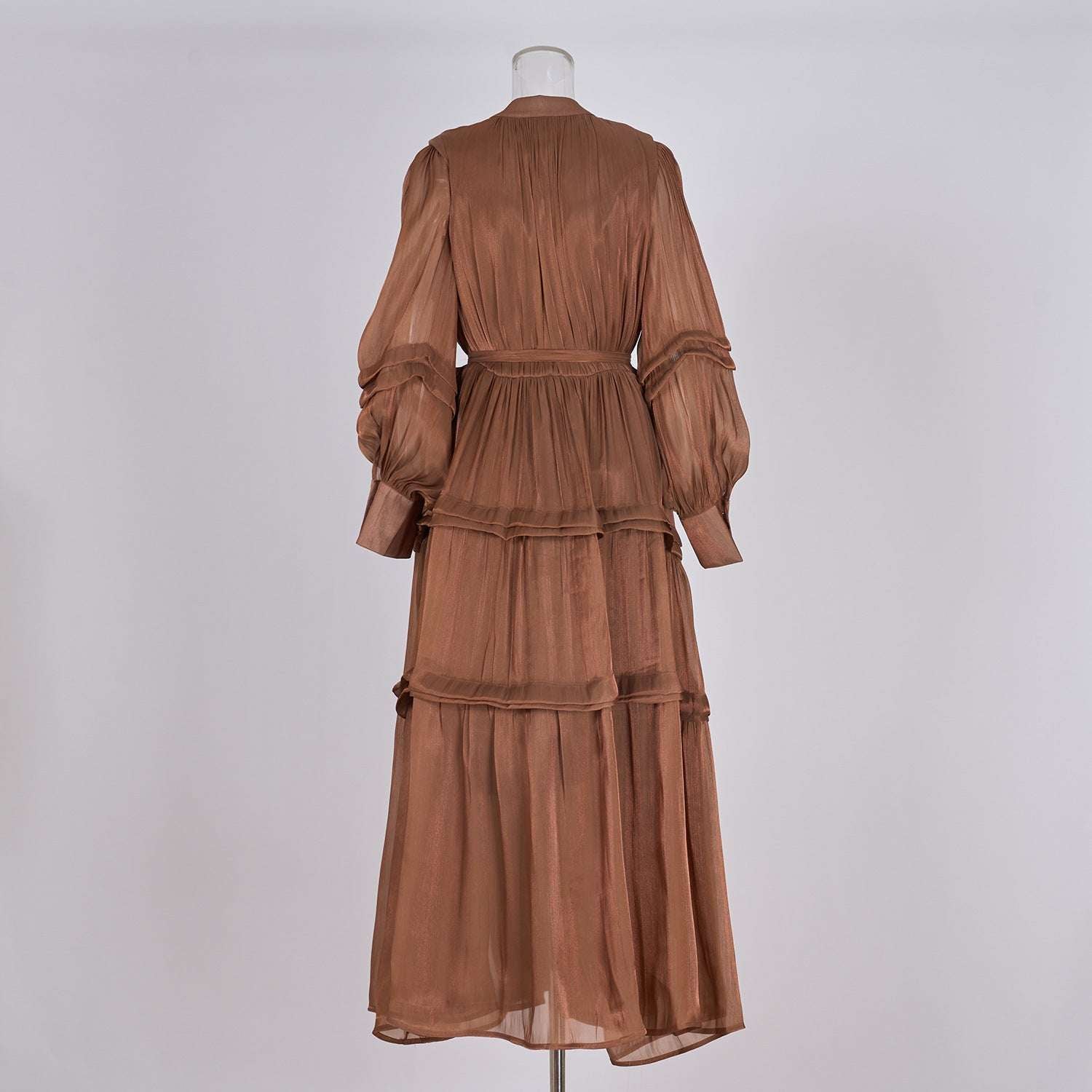 Women's V-neck Lantern Sleeve Fitted Waist Pleated Long Silk Dress with Belt