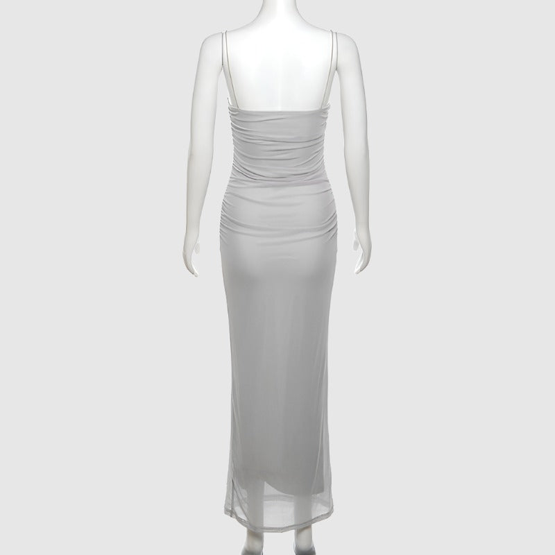 Women's Lace Edge Neckline Tight Mesh See-through Long Dress - ChoreGirl