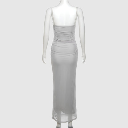 Women's Lace Edge Neckline Tight Mesh See-through Long Dress - ChoreGirl
