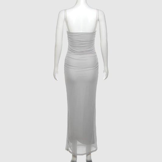 Women's Lace Edge Neckline Tight Mesh See-through Long Dress - ChoreGirl