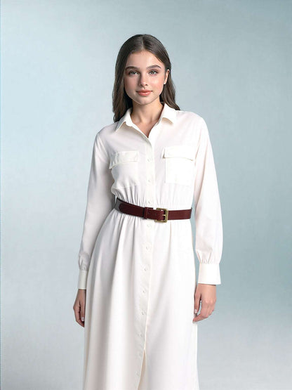 Women's White Thin Shirt Dress with Belt