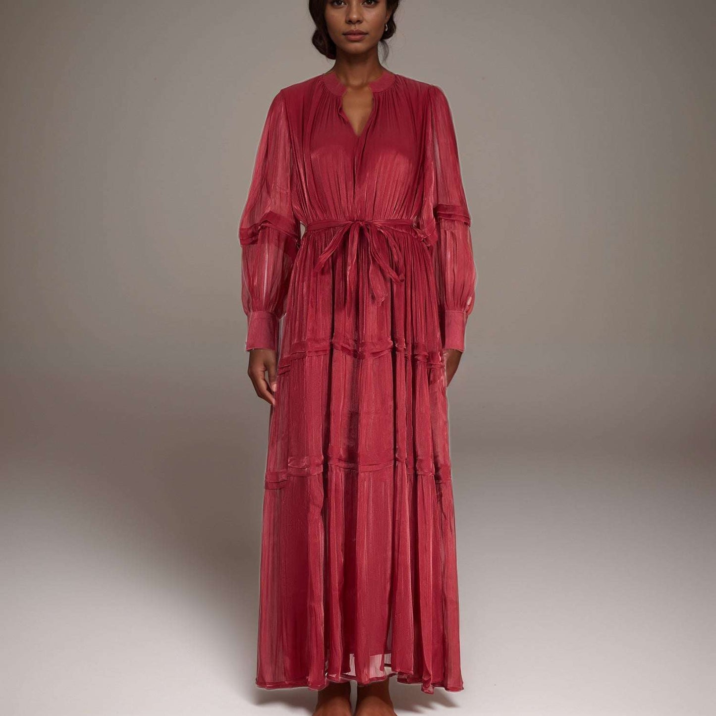 Women's V-neck Lantern Sleeve Fitted Waist Pleated Long Silk Dress with Belt