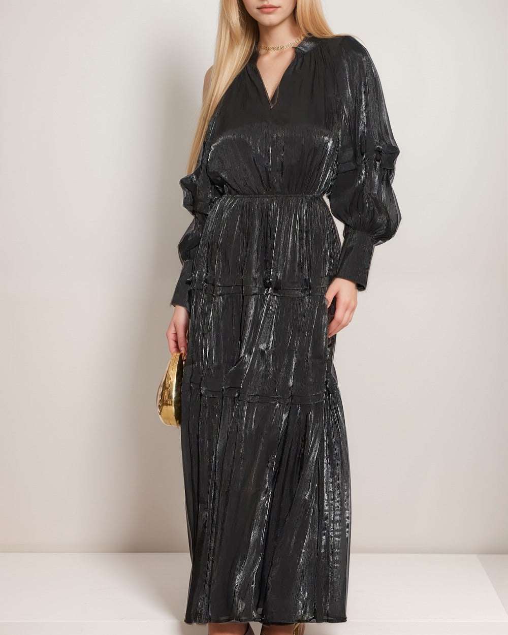 Women's V-neck Lantern Sleeve Fitted Waist Pleated Long Silk Dress with Belt