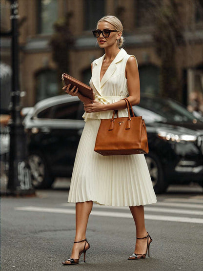 Women's Fashion-forward Double Breasted Vest and Pleated Skirt Dress with Belt