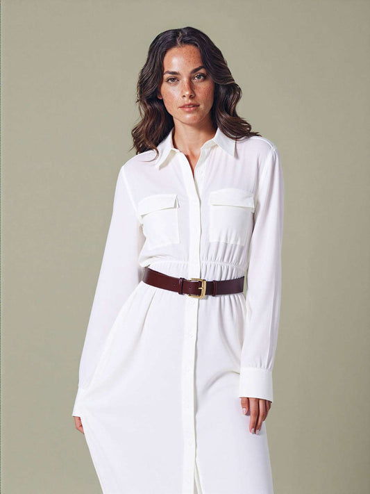 Women's White Thin Shirt Dress with Belt