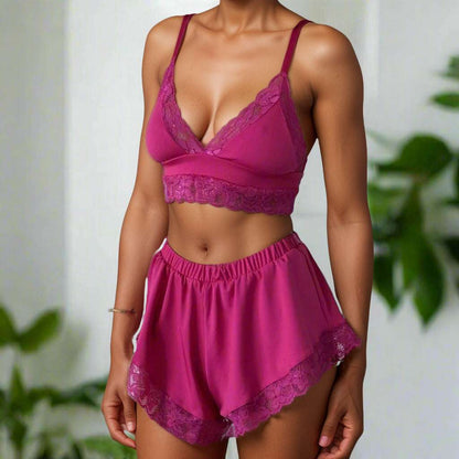 Women's Stretchy Lace Top and Shorts Sexy Pajamas Set