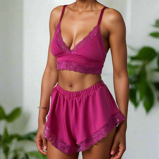 Women's Stretchy Lace Top and Shorts Sexy Pajamas Set