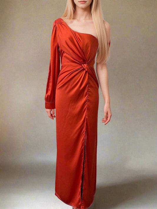 Women's Elegant Satin Slim One-shoulder Long Sleeved Split Maxi Dress
