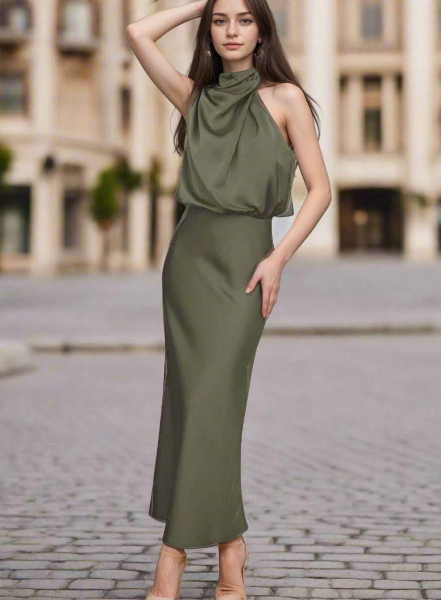 Women's Elegant Satin Sleeveless Halter Neck Midi Dress