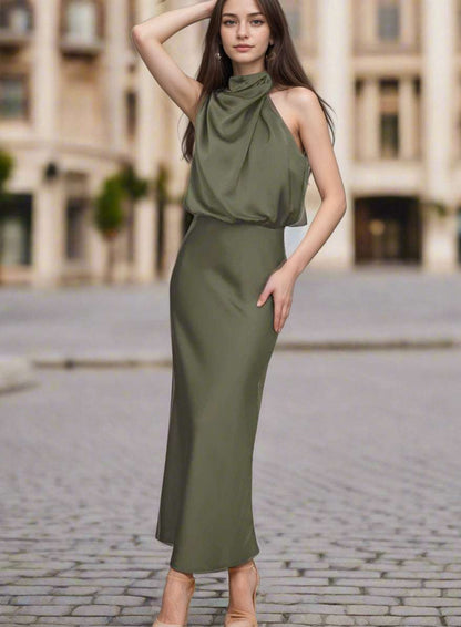 Women's Elegant Satin Sleeveless Halter Neck Midi Dress