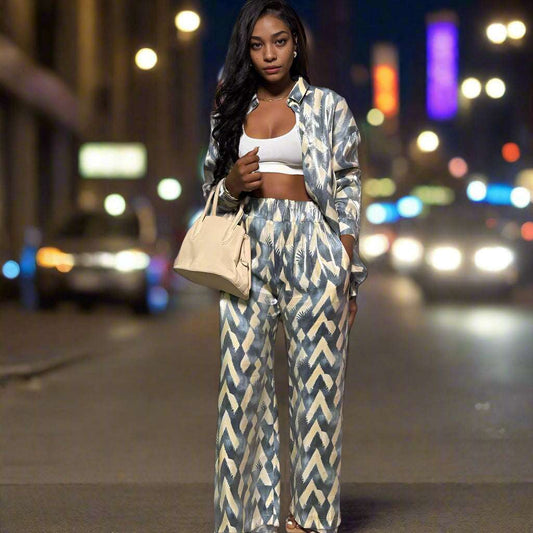 Women's Casual Long Sleeve Shirt and Trousers Outfit Set