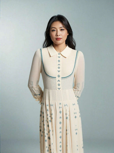 Women's Romantic Pleated Embroidery Long Sleeve Dress