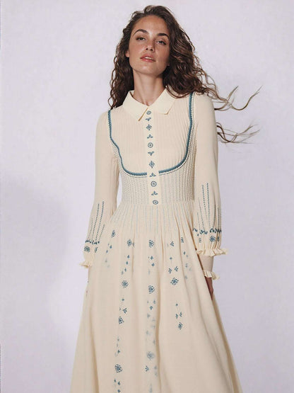 Women's Romantic Pleated Embroidery Long Sleeve Dress