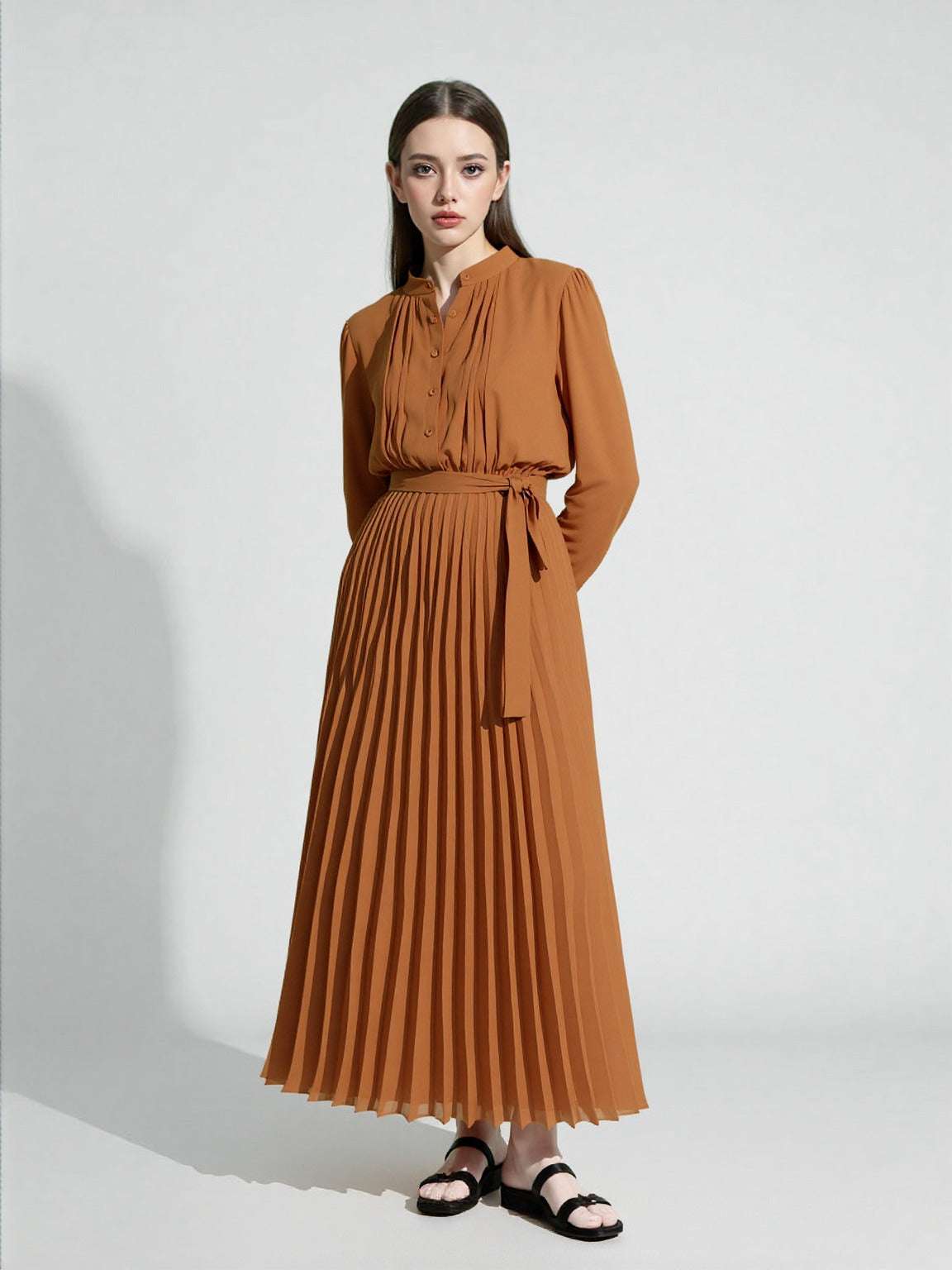 Women's Elegant Chiffon Long Sleeve Pleated Dress