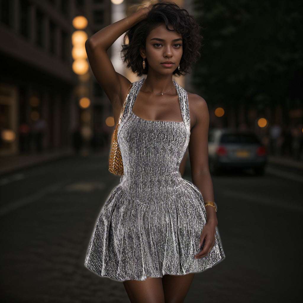 Women's Grey Glittering Crystal Embellished Bubble Hem Halter Cinched Waist A-Line Mini Dress
