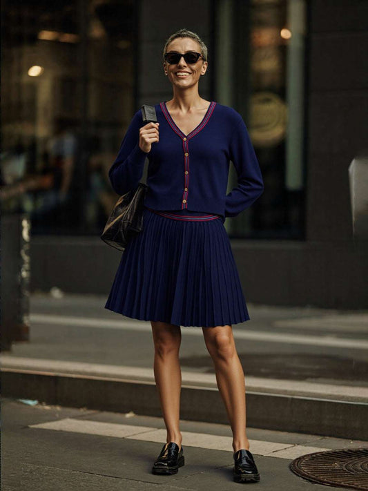Women's Casual Back to School V-neck Knitted Cardigan and Pleated Skirt Two-piece Outfit Set