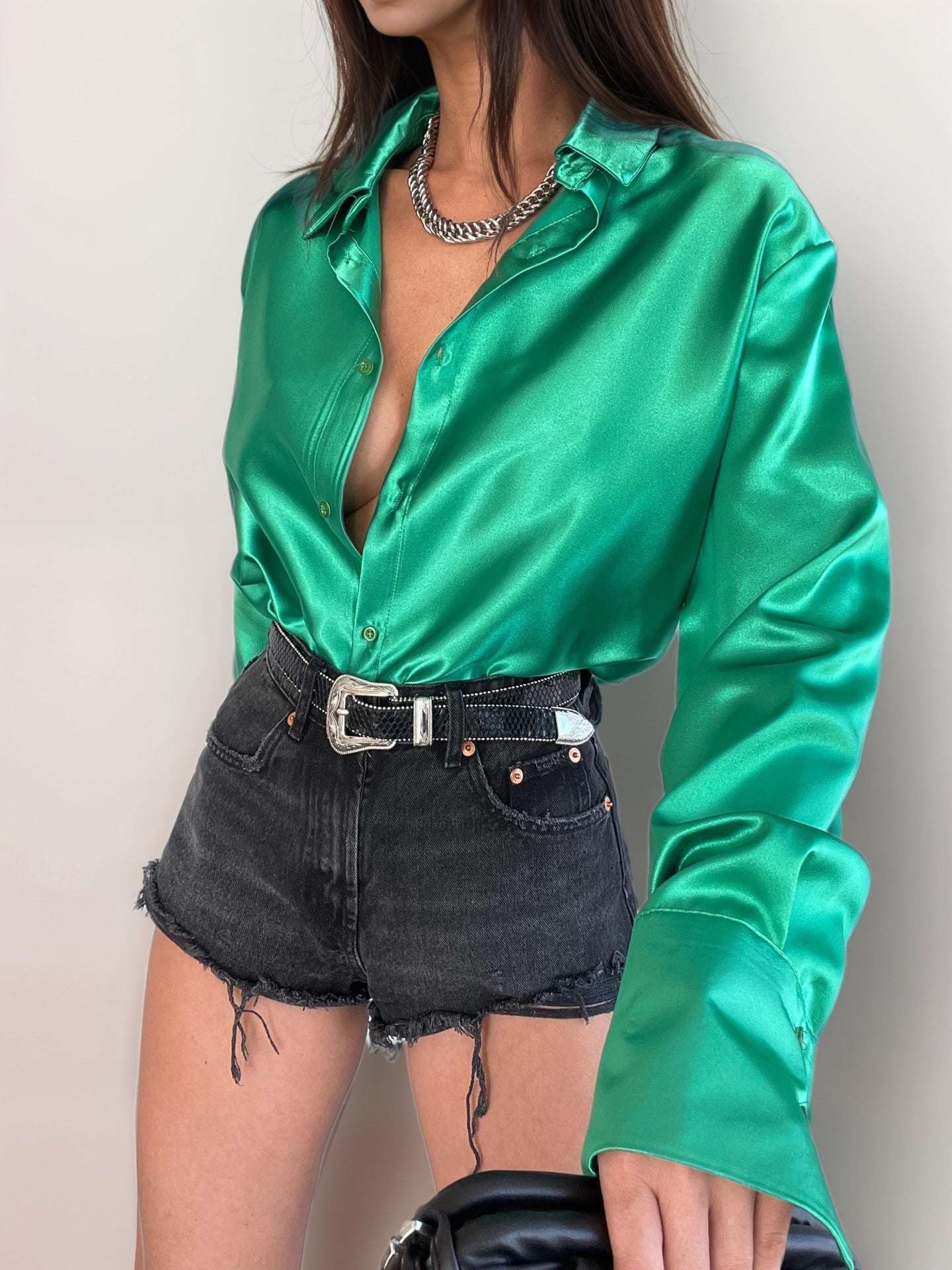 Women's Casual Shining Silk Long Sleeve Button-up Shirt