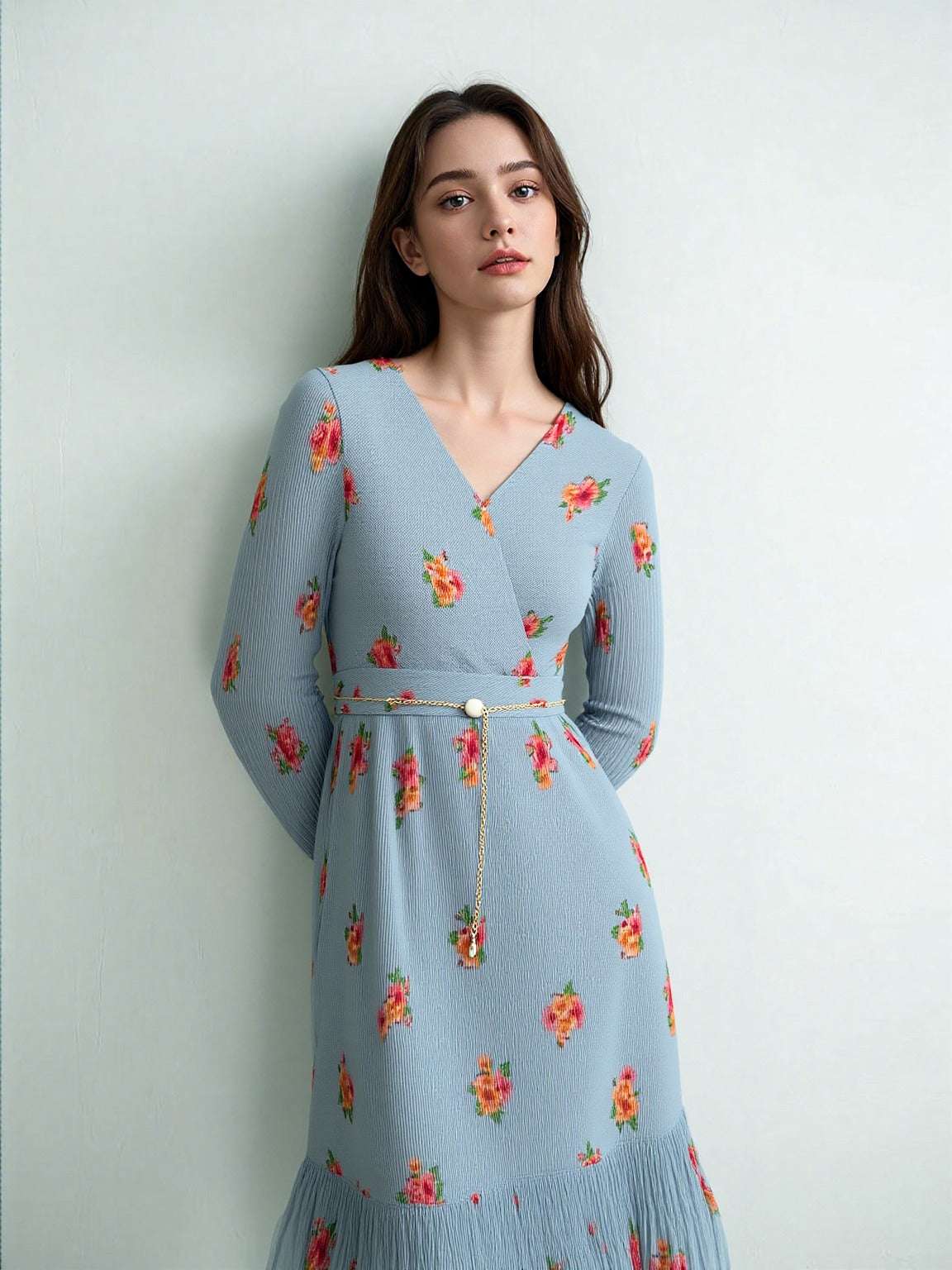 Women's Floral Pattern Pleated Dress With Belt