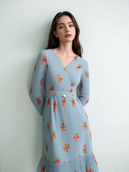 Women's Floral Pattern Pleated Dress With Belt